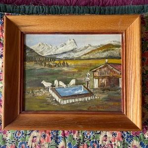 Vintage Oil Painting Farm and Mountain Scenic View 1968